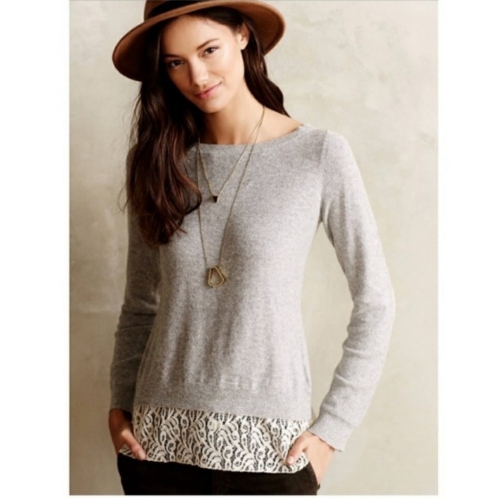 Anthropologie Angel of the North Cashmere Blend & Lace Sweater-Gray-Women Medium